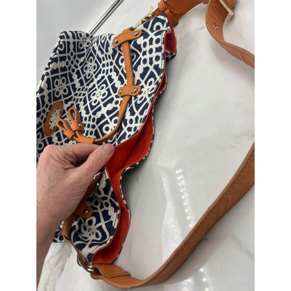 Spartina 449 Navy White Geometric Linen Leather Shoulder Bag Navy White Orange - Picture 6 of 16